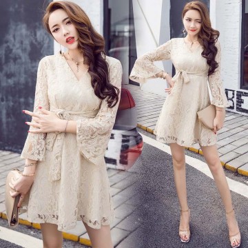 7146 Korean temperament V-neck trumpet sleeve tie waist dress 