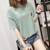 7338 # real shot summer big embroidery short-sleeved t-shirt female loose wild simple cotton students open fork clothes