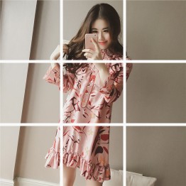 530 # new Korean fashion trumpet sleeve lotus leaf floral dress
