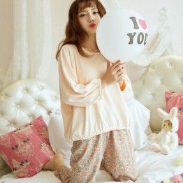 8616 large size women's loose long-sleeved T-shirt + floral milk silk trousers two-piece pajamas