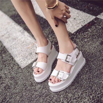 British wind chain thick bottom belt buckle loose sandals white high heels sandals open toe slope with casual sandals