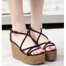 Metal buckle platform wedge heel sandals