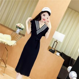 5183 casual V-neck spell color tail cut knitted long  dress