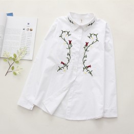 6901 loose long-sleeved rose embroidery cotton shirt