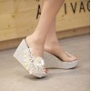 Summer new white silver pink thick slope with pearl diamond diamond lace high with the word cool slippers female