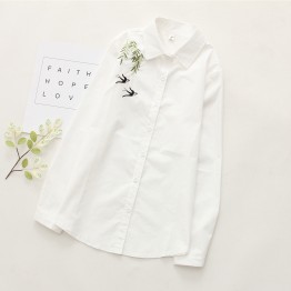 6904 # Autumn new cotton white shirt female long sleeve Slim was thin sweet embroidered temperament ladies shirt