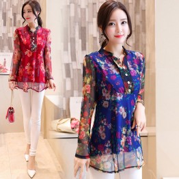 9325 Fall New Slim Long Sleeve Shirt Printed Chiffon Blouse