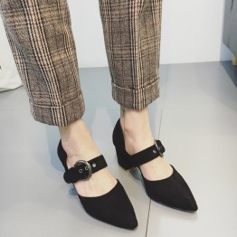 Korean fashion belt buckle suede high-heeled shoes