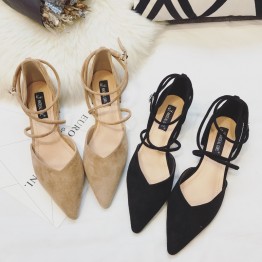 Korean version of the new women's shoes sexy cross-belt pointed flat bottom with low-heeled suede shoes