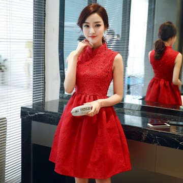1010 real shot 2017 autumn collar straight sleeves dress improved cheongsam collar lace silk empty dress female