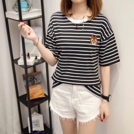 Real shot short - sleeved t - shirt female summer Korean version of loose black and white striped fat mm large size women 's clothing 200 pounds 3932