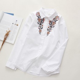 6900 loose long sleeves flowers embroidered cotton shirt