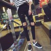 8009 spot knee big corners jeans women high waist elastic feet pencil pants tight nine cents beggars pants