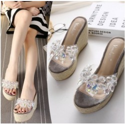 Platform comfortable rhinestone transparent wedge heel slippers