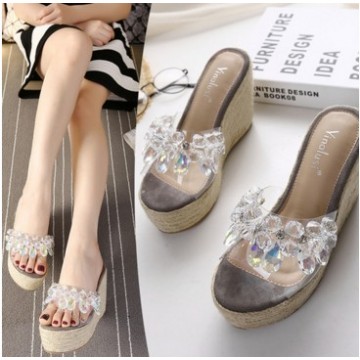 Summer new waterproof platform comfortable braided thick high-heeled slope with rhinestone transparent one word cooler female slippers
