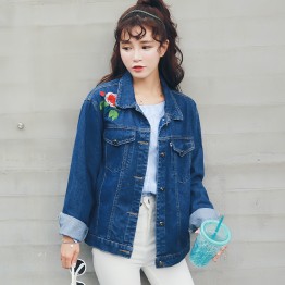 8764 2017 Autumn rose embroidery denim jacket