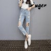 9007 real shot spot new Korean version of the knee big hole high waist jeans women nine points pencil pants tide tide