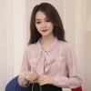 Real shot 2017 spring new lace lattice loose bow tie woman long sleeve backing shirt