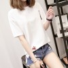 7338 # real shot summer big embroidery short-sleeved t-shirt female loose wild simple cotton students open fork clothes