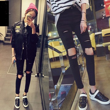 8009 spot knee big corners jeans women high waist elastic feet pencil pants tight nine cents beggars pants