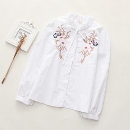 6907 loose long sleeves lace flower embroidery cotton shirt