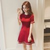 【Spot】 lotus leaf short-sleeved knit dress small black dress female high waist down A-line skirt