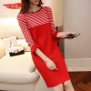 719 lotus leaf sleeve stripes round collar slim knitted sweater 