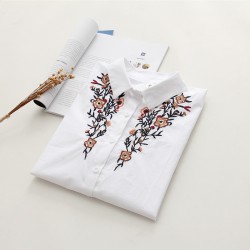 6900 loose long sleeves flowers embroidered cotton shirt