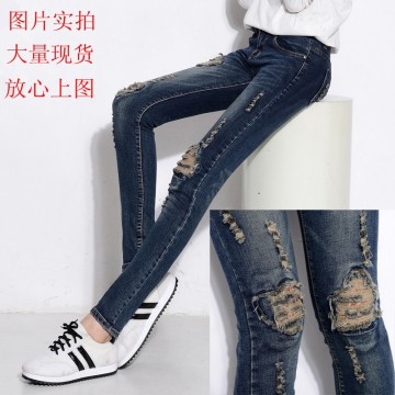 1558 autumn and winter holes jeans women personality embroidery stretch pencil pants