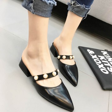 Summer low thick heel pearl rhinestone pointed-toe slipper