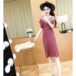 5183 casual V-neck spell color tail cut knitted long  dress