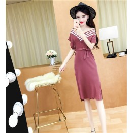 5183 casual V-neck spell color tail cut knitted long dress