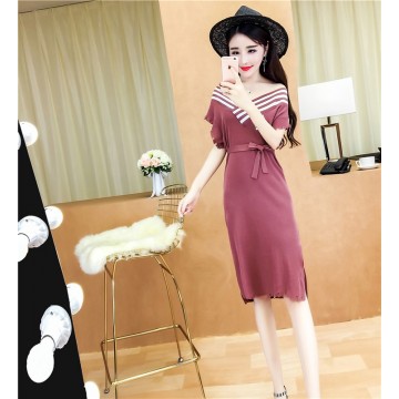 5183 casual V-neck spell color tail cut knitted long dress