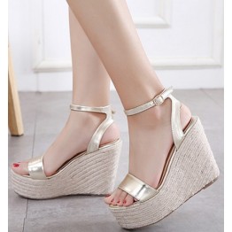 Summer new hemp rope at the end of the word buckle with thick high-heeled slope with sandals gold silver sandals waterproof platform