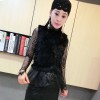 9615 European fashion black lace shirt long sleeve bottom shirt real rabbit hair