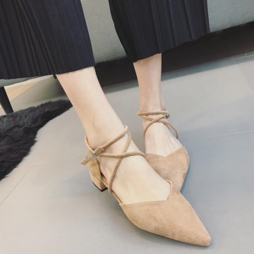 Korean version of the new women's shoes sexy cross-belt pointed flat bottom with low-heeled suede shoes