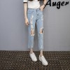 9007 real shot spot new Korean version of the knee big hole high waist jeans women nine points pencil pants tide tide