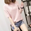 7338 # real shot summer big embroidery short-sleeved t-shirt female loose wild simple cotton students open fork clothes