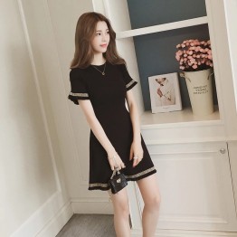 【Spot】 lotus leaf short-sleeved knit dress small black dress female high waist down A-line skirt