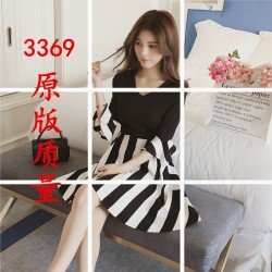 3369 V-neck lotus leaf sleeve splicing striped knit waist dress