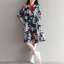 0905 new art retro cotton and linen long-sleeved printing dress 