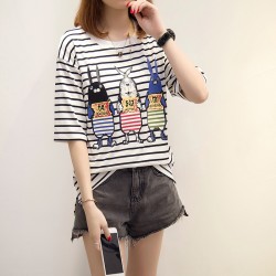 3935 striped short-sleeved cartoon print t-shirt