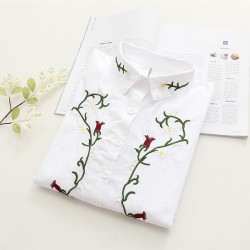 6901 loose long-sleeved rose embroidery cotton shirt