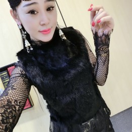 9615 European fashion black lace shirt long sleeve bottom shirt real rabbit hair