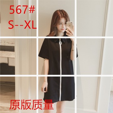 2017 summer Korean fashion POLO collar zipper loose straight black dress