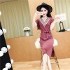 5183 casual V-neck spell color tail cut knitted long dress