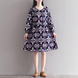 0906 literature and art retro cotton and linen nine sleeves printed silk series dress 