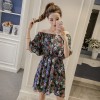 7210 # real shot word shoulder waist a word skirt temperament was thin floral chiffon short sleeve dress female