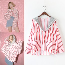 8378 chic navy style stripes hooded fake two pieces irregular shirt