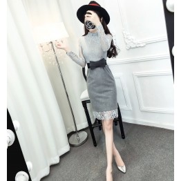 9169 fashion Korean back zipper woolen splicing lace tight hip dress